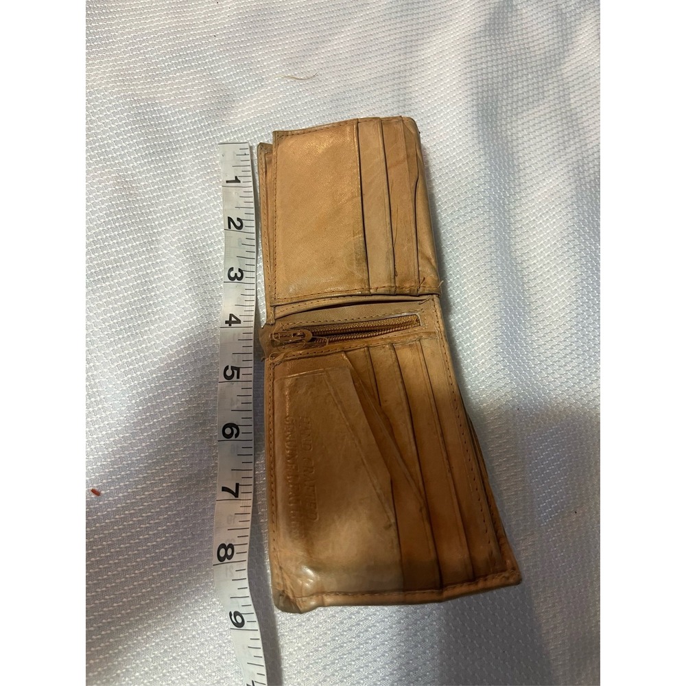 Hand Crafted Tan Genuine Leather Bifold Wallet Zipper Pocket ID Window Vintage
